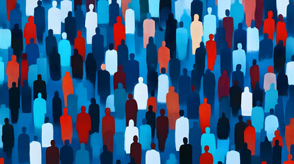 Abstract Crowd of Figures in Blue, Red, and White Hues: An Impressionistic Digital Painting of Collective Unity and Diversity