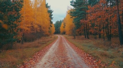 Obraz premium Beautiful autumn landscape with fallen dry red leaves, road through the forest, and yellow trees