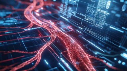 Obraz premium Abstract Digital River with Light Trails and Technology Elements