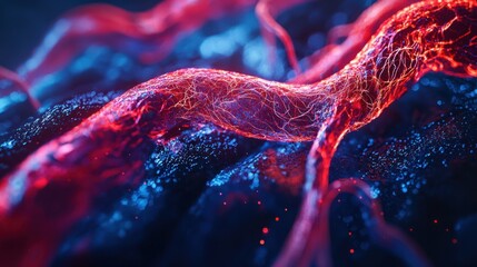 Abstract Visualization of Red and Blue Threads on Dark Background