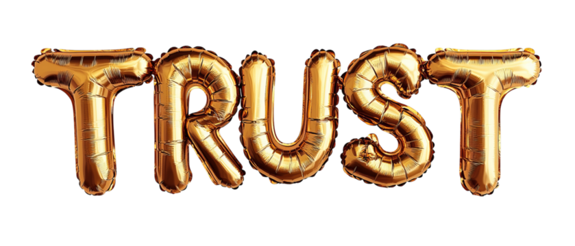 Png of Golden balloons spelling 'TRUST' for a festive and uplifting atmosphere on transparent background.