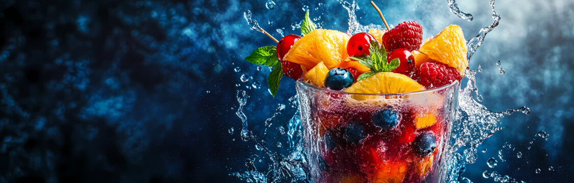 Splashing Fruitful Cocktail: A vibrant cocktail overflowing with a colorful mix of fresh fruits, the splash captures the freshness, perfect for promoting healthy lifestyle, culinary delights.