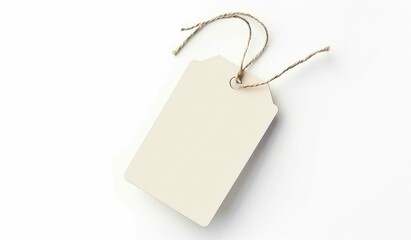 Blank beige gift tag on white background. Simple paper or cardboard tag.