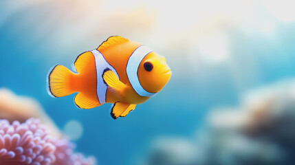 Fototapeta premium Vibrant clown fish swimming gracefully among colorful corals in the clear blue ocean water of a tropical reef