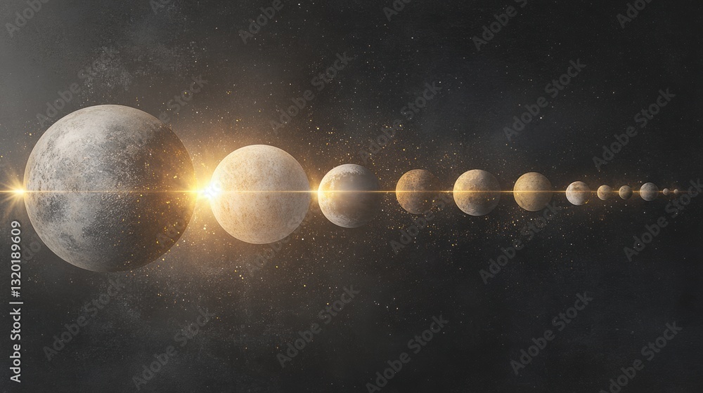 Poster Multiple virtual worlds connected by light in a cosmic arrangement, showcasing unique spheres set against a dark backdrop of space