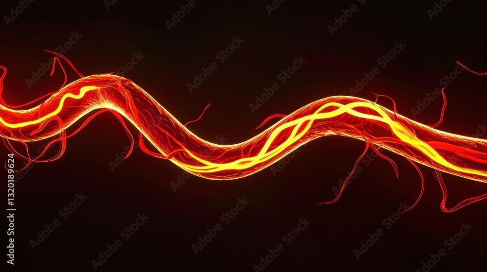 Poster Vibrant Red and Yellow Flowing Lines on Dark Background Abstract Art