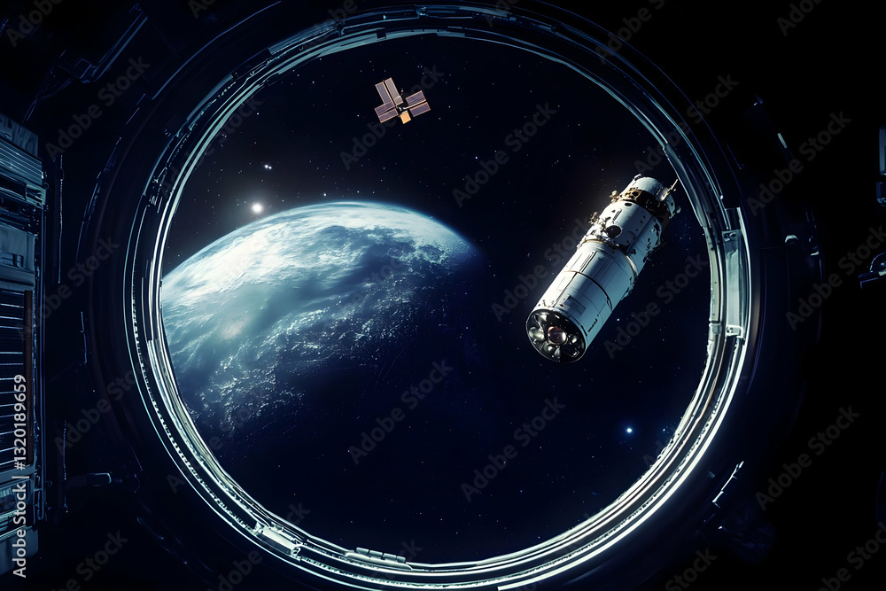 Poster spacecraft orbits earth viewed from spacecraft window: a digital illustration of a futuristic spaces
