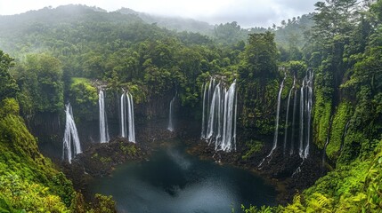 Beautiful panorama of waterfalls in a deep forest