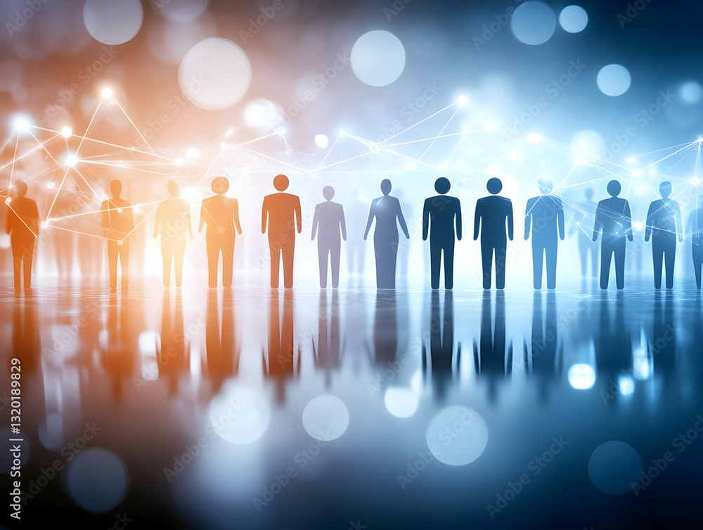 Poster abstract 3d illustration of networked silhouettes reflecting on a shiny surface with bokeh backgroun