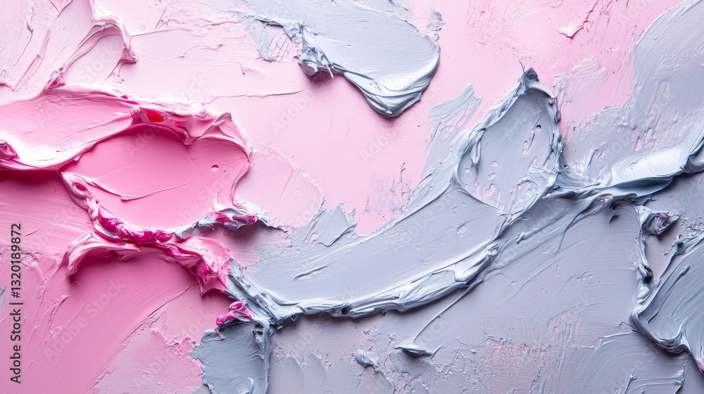 Poster textured brushstrokes of soft pink and gray paints create patterns