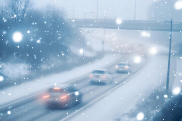 Blurry Cars Drive on Snowy Highway Underpass during Winter