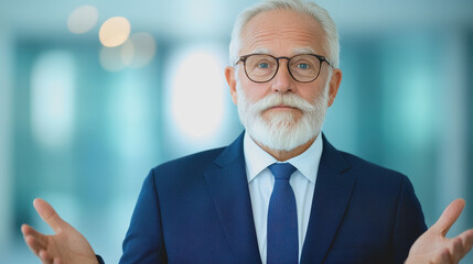 Knowledgeable financial expert with white beard and glasses advising clients on investment risks in a professional setting