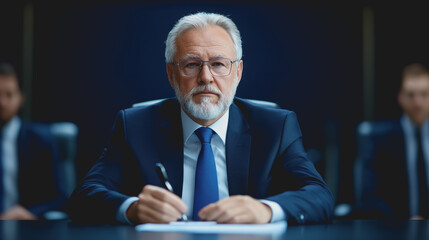 Fototapeta premium Businessman in suit and tie leading a discussion with government officials regarding economic strategies and policies