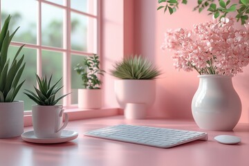 Fototapeta premium Minimalistic Workspace with Pastel Pink Background and Stationery