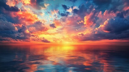 Fototapeta premium A breathtaking sunset paints the sky in vivid hues of orange, pink, blue, and purple. Golden sunlight breaks through soft, wispy clouds, casting an ethereal glow