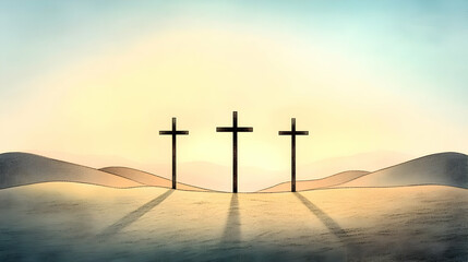 Naklejka premium Stylized Illustration: Three Crosses Silhouette Against a Sunset Landscape