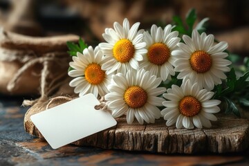 Obraz premium Daisies with Blank Paper Tag on Wooden Table in Soft Natural Light