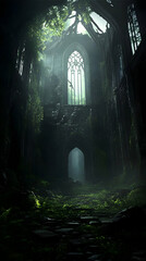Digital 3D Illustration of Overgrown Ruins: A Gothic Church Reclaimed by Nature's Embrace, Mysteriously Lit from Above