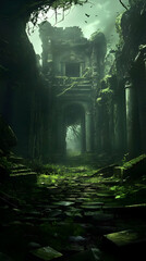 Overgrown Ruins: A Digital Painting of Mossy Stone Pathway Leading to Ancient Temple Through Archway, Dark and Mysterious Atmosphere