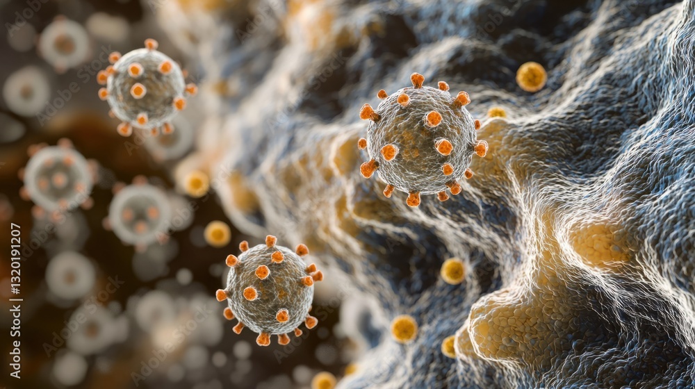 Poster microscopic view of viruses in a complex biological environment