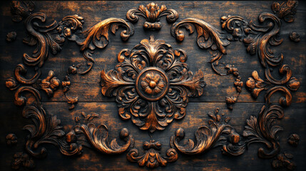 Intricate hand carved wooden texture with ornate floral patterns