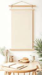 Beige Mockup: Blank Canvas Hanging on Wall Above Wooden Table with Breakfast Items and Notebook