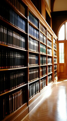 Wooden Bookcases Filled with Numerous Books Line a Room's Wall, Bathed in Sunlight