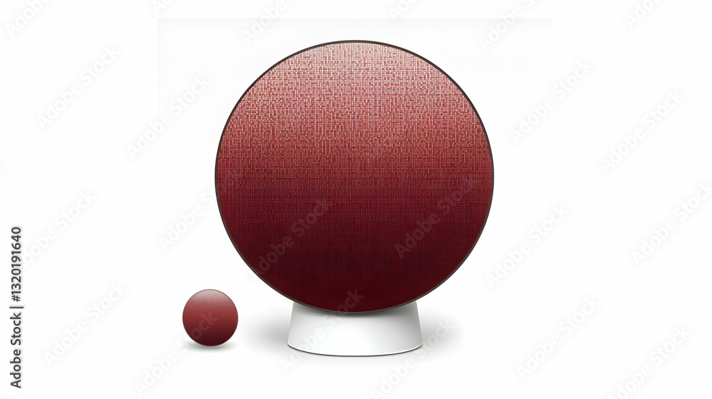 Poster abstract red gradient oval display on white stand, digital art illustration with subtle texture