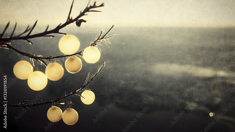 Poster glowing orbs adorn a branch, creating an abstract art background with a textured canvas effect and a