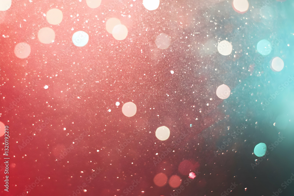 Poster abstract red and teal bokeh background with water droplets and sparkling lights