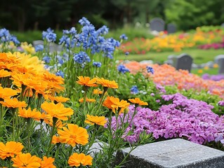 Colorful flowers on a well-kept cemetery with gravestones