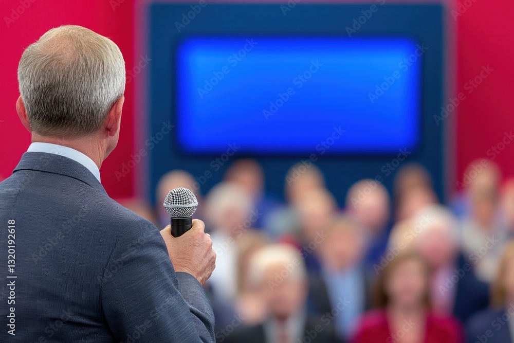 Poster political statement campaign concepts. speaker addressing an audience with a microphone in hand.