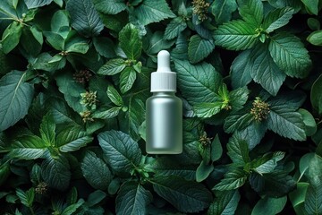 Face Serum Dropper Bottle with Green Leaves Natural Composition