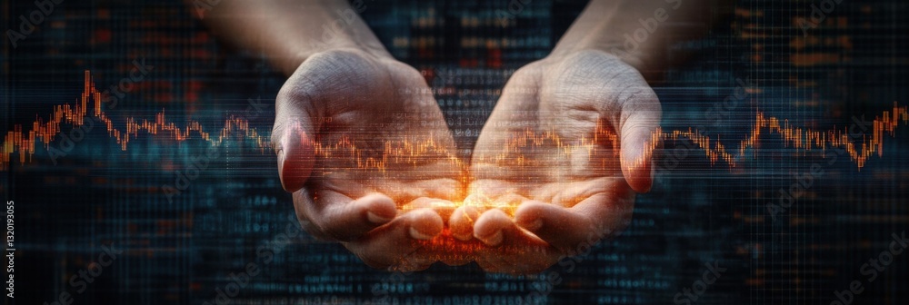 Leinwandbilder Human hands display financial data and charts symbolizing artificial intelligence in finance with space for text at the bottom