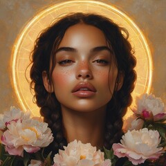 Portrait of Beautiful Black Woman with Braided Hair and Peonies in Golden Light