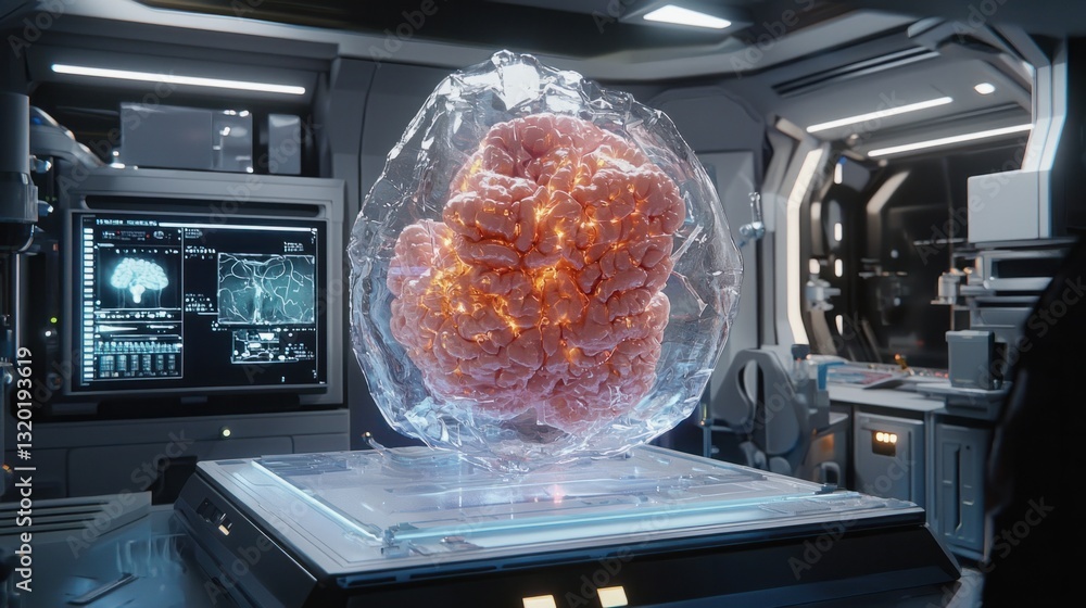 Poster glowing brain in futuristic laboratory with high-tech interface