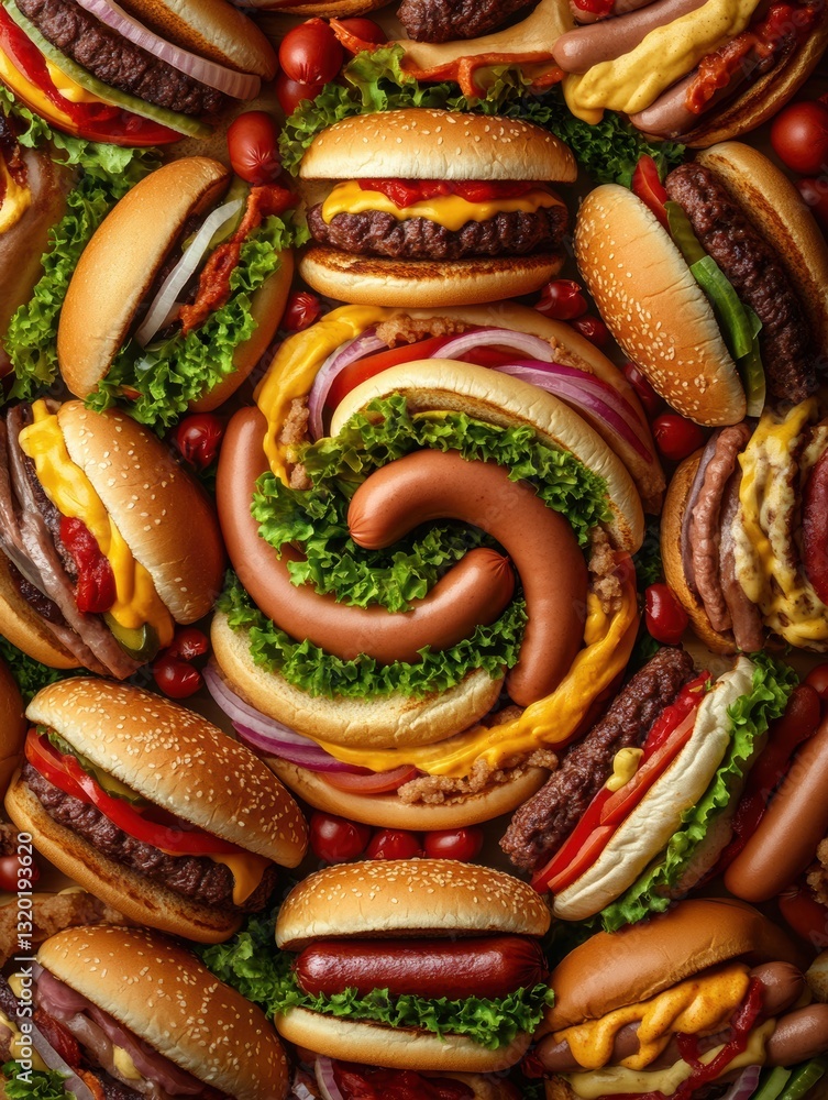 Poster burgers and hot dogs arranged in a spiral pattern with space for text featuring golden ratio composi