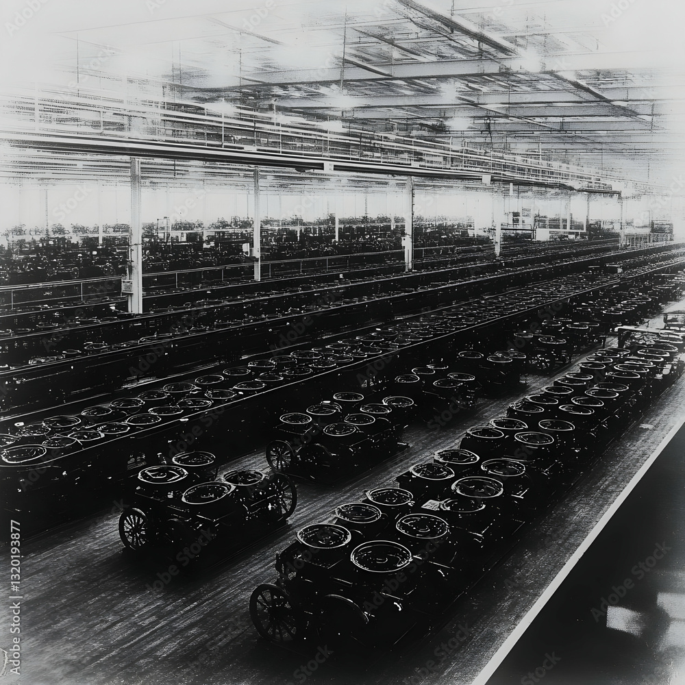 Poster monochrome photo illustrating a massive automotive assembly line, showcasing rows of incomplete vehi