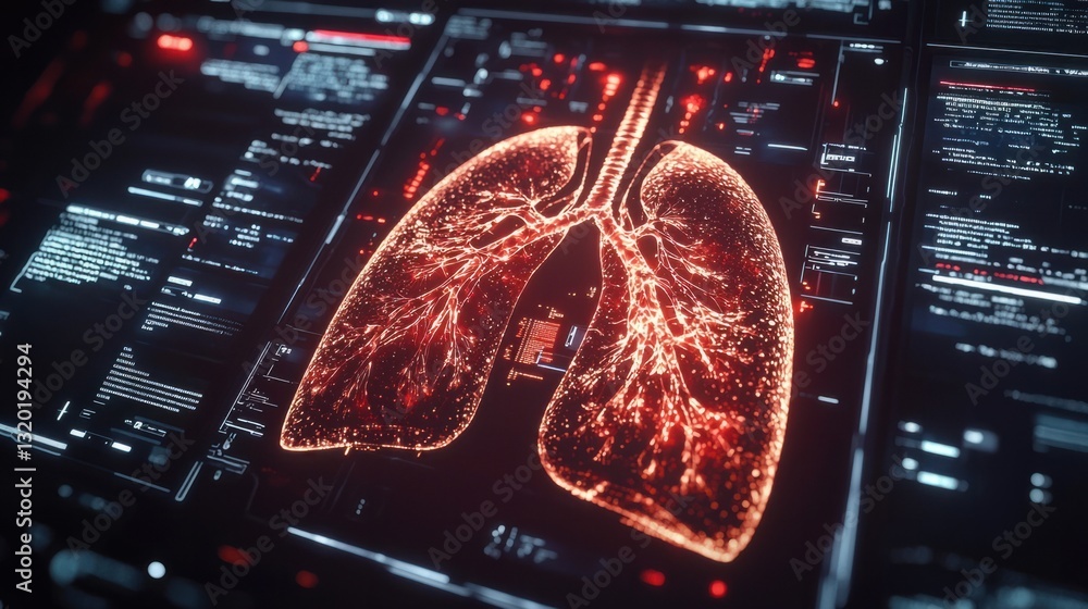 Poster futuristic digital visualization of lungs with data overlay
