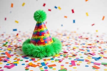 Fototapeta premium Colorful Party Hat Surrounded by Confetti on a White Background Perfect for Celebrations, Birthdays, and Festivals Featuring a Green Pom-Pom and Soft Trim