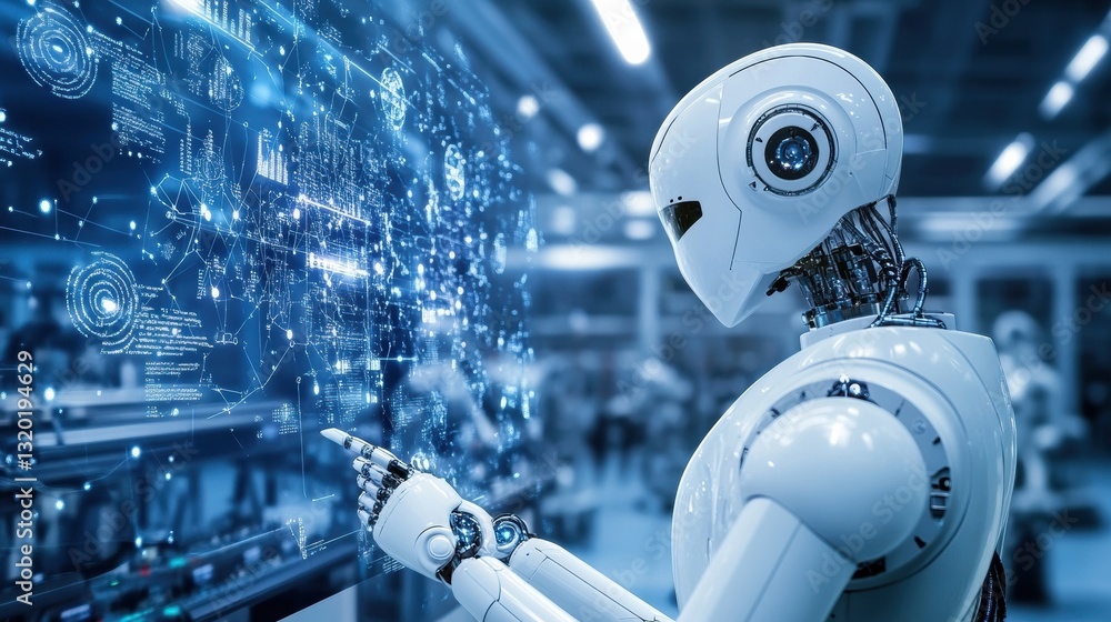 Poster automated factory process controlled by robotic machines and ai in a modern production facility