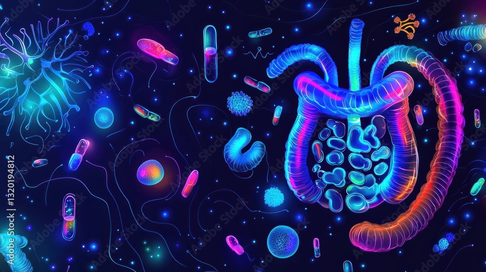 Poster colorful microbial world with bacteria and cells in dynamic view