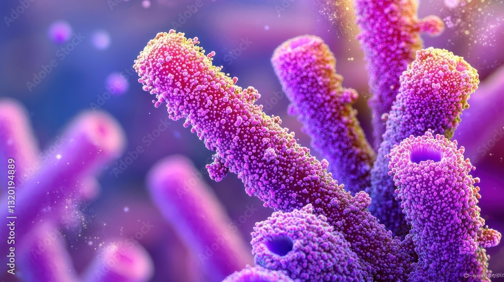 Poster vibrant microscopic view of colorful bacterial structures under microscope