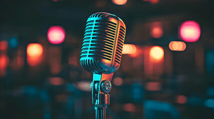 Vintage Microphone on Stage with Colorful Bokeh Background: 3D Render of Retro Audio Equipment in a Nightclub Setting, Captures the Atmosphere of Live Music Performance.