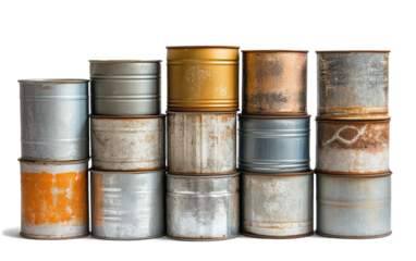 A captivating collection of weathered metal cans,stacked in rows, showcasing varying degrees of rust and discoloration.A study in texture and times passage.