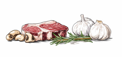 Steak with Garlic and Rosemary: A hand-drawn illustration depicting a succulent steak alongside fresh garlic cloves and aromatic rosemary sprigs, promising culinary delight and gastronomic adventure.