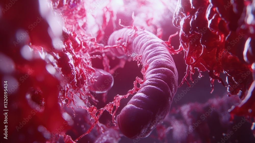 Poster close-up view of microscopic organism in colorful red fluid environment