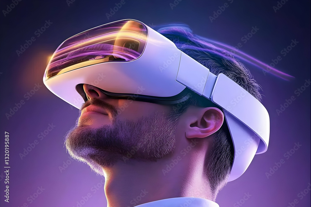 Poster man experiencing immersive virtual reality headset with light trails in a futuristic digital setting