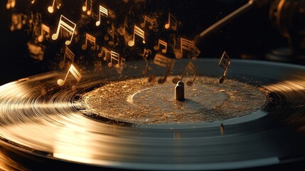 3d music notes floating around vintage vinyl record player with golden glow