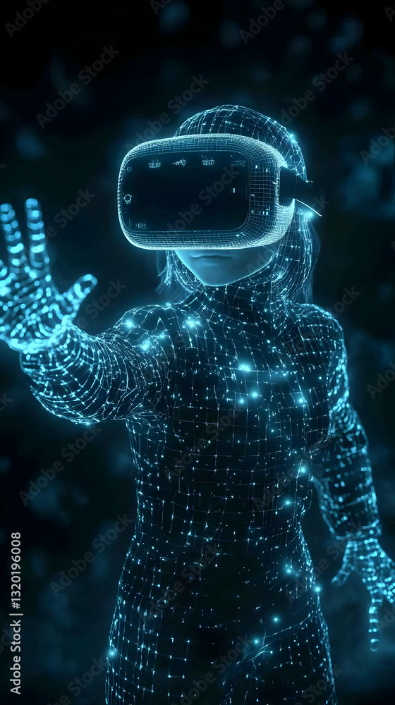 Poster 3d render of wireframe woman interacting with virtual reality headset in a dark setting